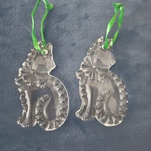Vtg Gorham Crystal Holiday Cat Ornament. Set of 2